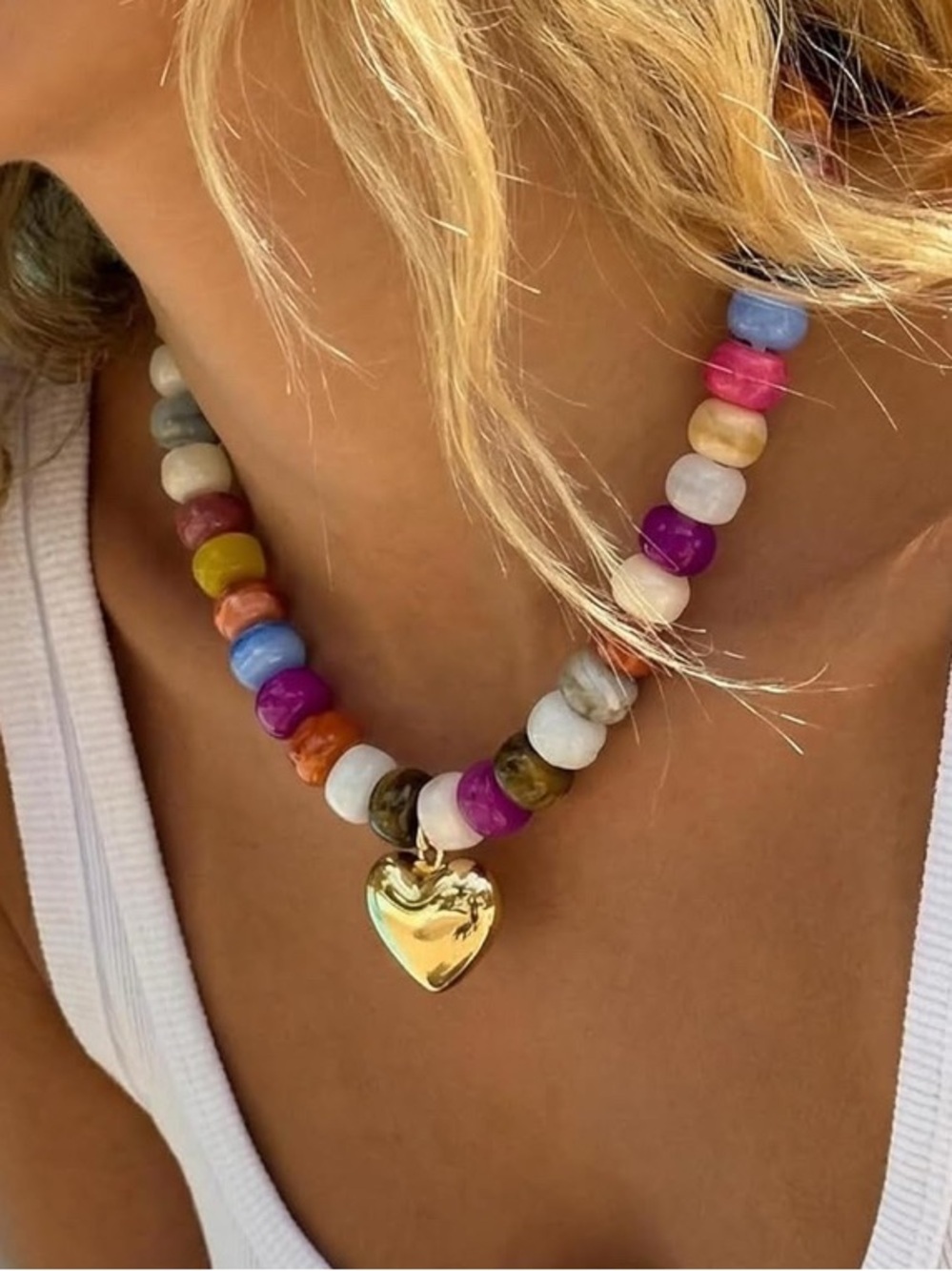 Multicolor Dopamine Marbled Bead Necklace with Heart Pendant NEW